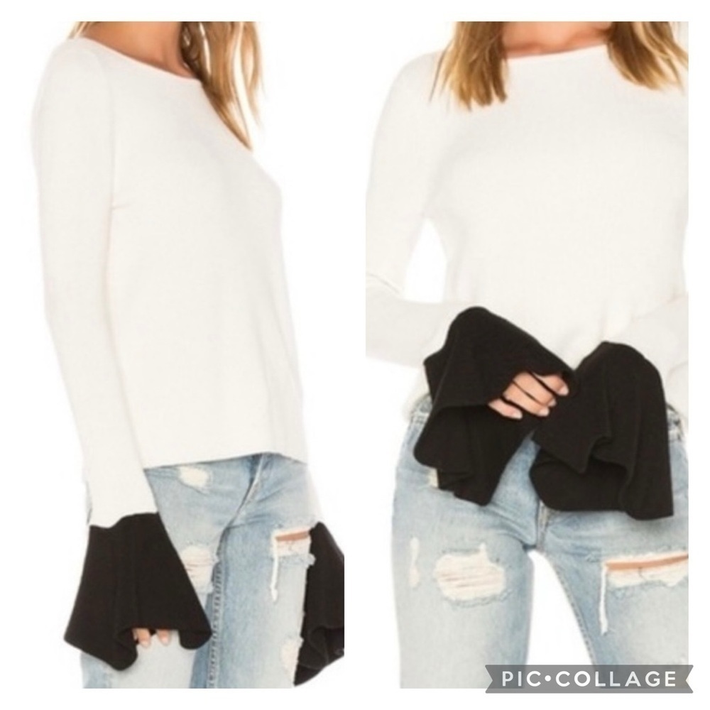 RAMY BROOK Women’s Ivory Black LARA Colorblock Flare Cuff Sweater Ribbed Size XS